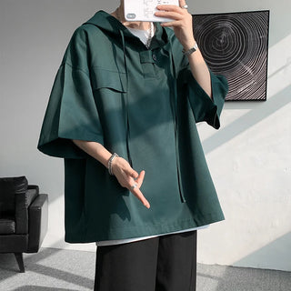 Summer Hooded T shirt Men Tops Drawstring Clothing